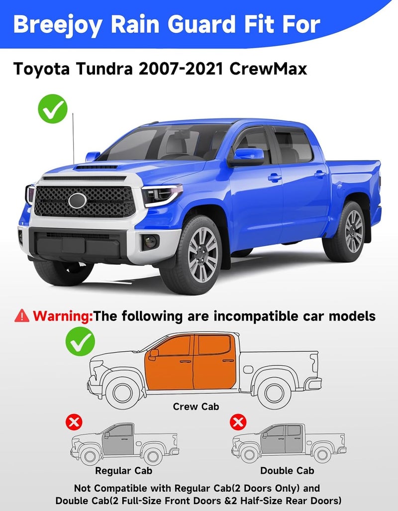 Breejoy in-Channel Rain Guards Fit for Trucks Toyota Tundra 2007-2021 CrewMax, Extra Durable Window Rain Guards Visors Vent Visors Window Deflector Vent Shades Car Accessories -4 pcs - Image 3
